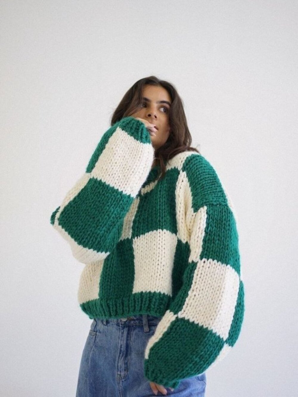 YLLW The Label Checkerboard Knit Sweater - Green/Cream - Size Large